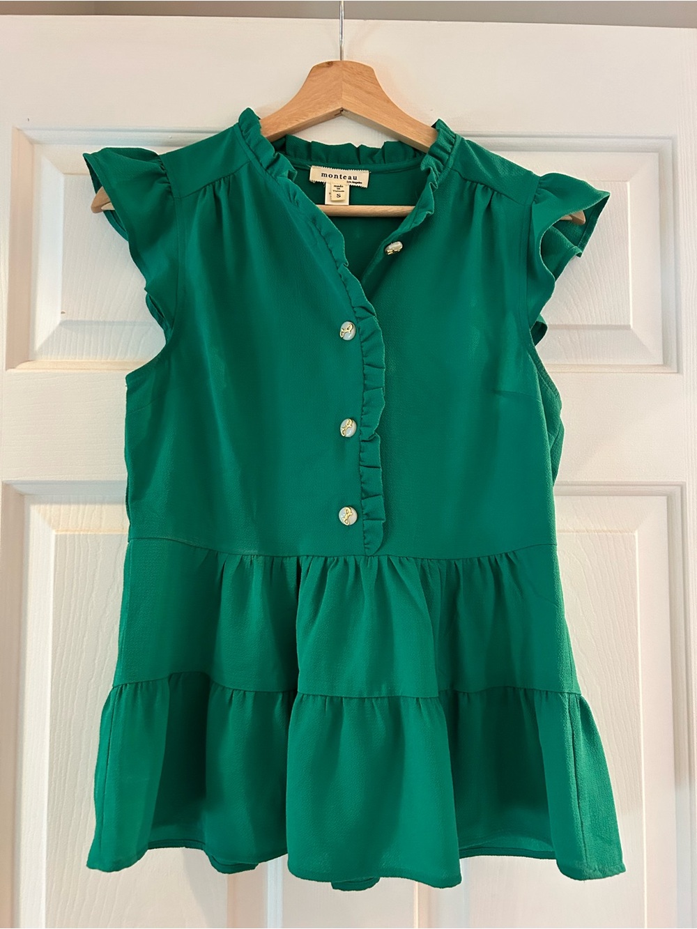Monteau Emerald Green Ruffle Neck Blouse